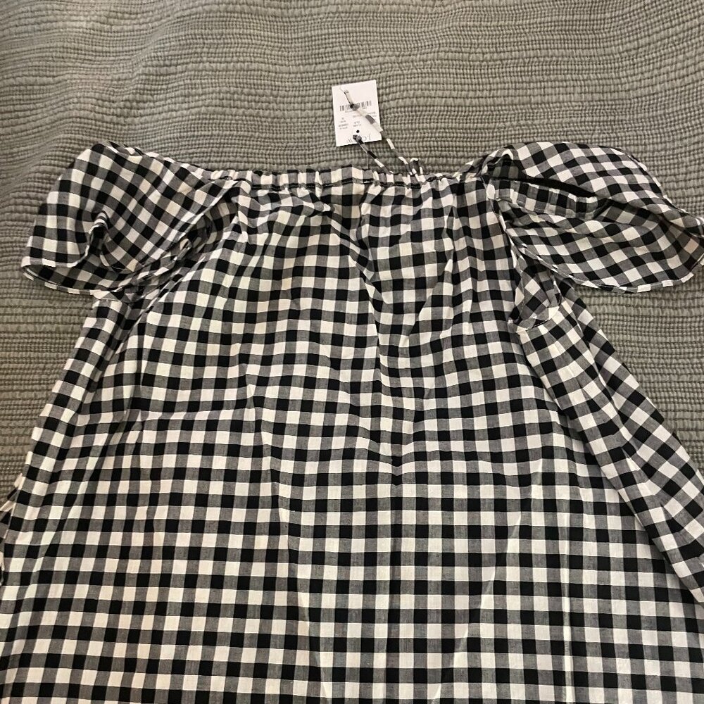 JCrew off the shoulder mock sleeve gingham shirt